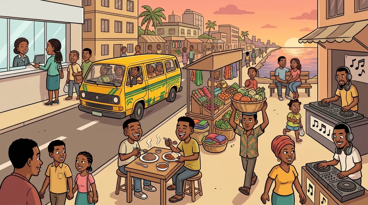 Cartoon Lagos street showing many lives at once in Lagos Life: a customer at a bank counter, a yellow danfo bus, two friends laughing over amala at a buka, a porter carrying a basket at a market stall, a couple on a bench by the lagoon at sunset and DJs at their decks