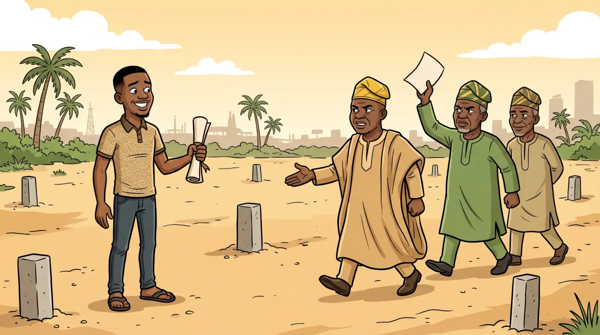 Cartoon of a Lagos Life player smiling on a newly bought sandy plot with concrete beacons, while three omo-onile men in agbada walk up, one holding out his hand and one waving a sheet of paper