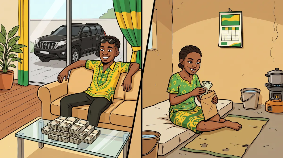 Split cartoon scene: on the left a Nepo Baby relaxing in a bright Lekki flat with a Prado parked outside, on the right a LAPO Baby in a small Mushin face-me-I-face-you room counting naira notes for the loan repayment