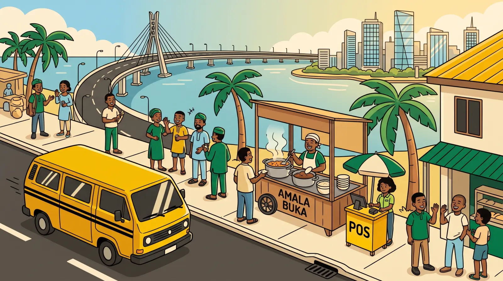 Cartoon Lagos street in the Lagos Life game style: a yellow danfo bus, an amala buka, a POS stand, players waving and the Lekki–Ikoyi bridge behind