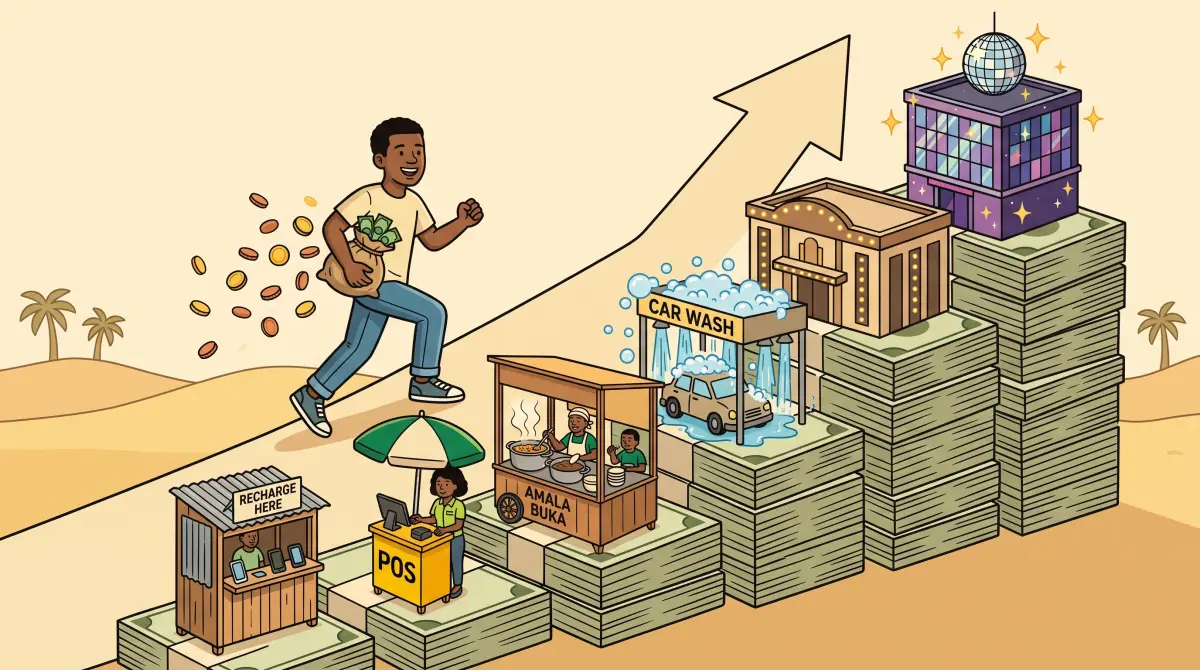 A player climbing a staircase of stacked naira past a recharge kiosk, POS stand, amala buka, car wash and event centre up to a nightclub