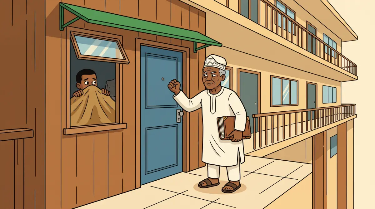 Baba Landlord in a white agbada knocking on a tenant's door on Saturday morning while the tenant hides behind a blanket at the window