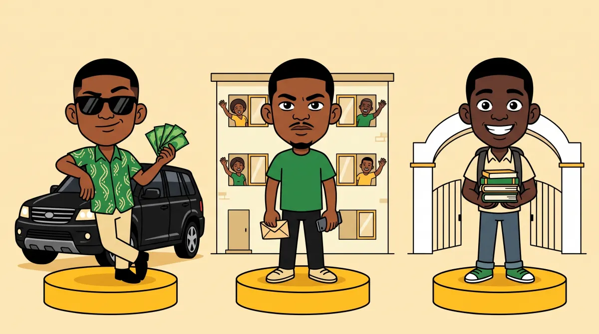 Three Lagos Life Sims starting characters on pedestals: a rich kid in sunglasses with an SUV and cash, a hustler with an envelope in front of a tenement, and a grinning university fresher with books