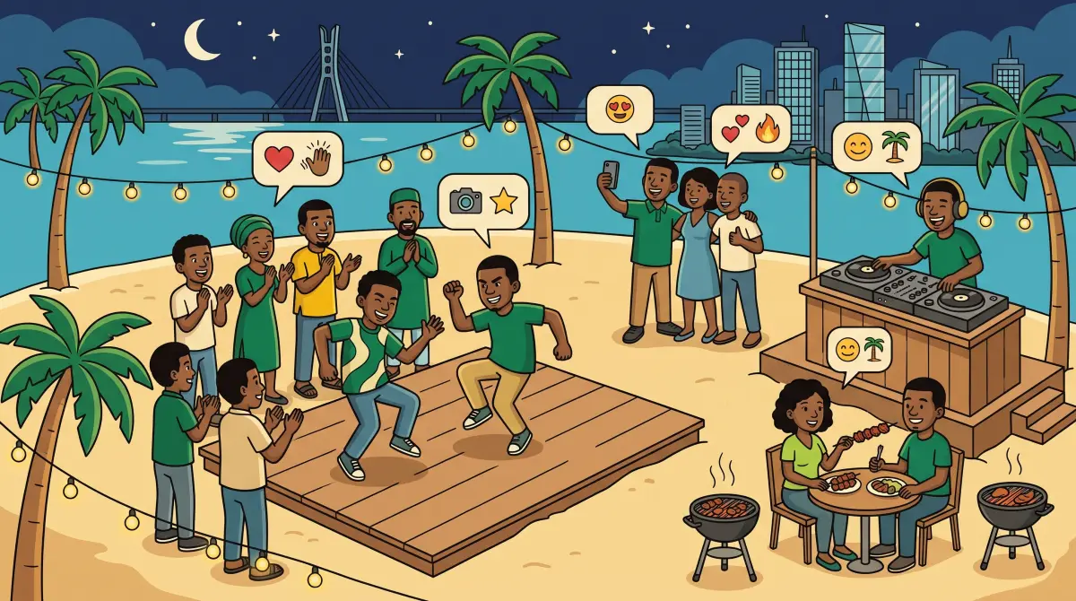 Night beach party in Lagos Sims: two players in a dance battle, a DJ, a couple eating suya and friends taking a selfie under string lights