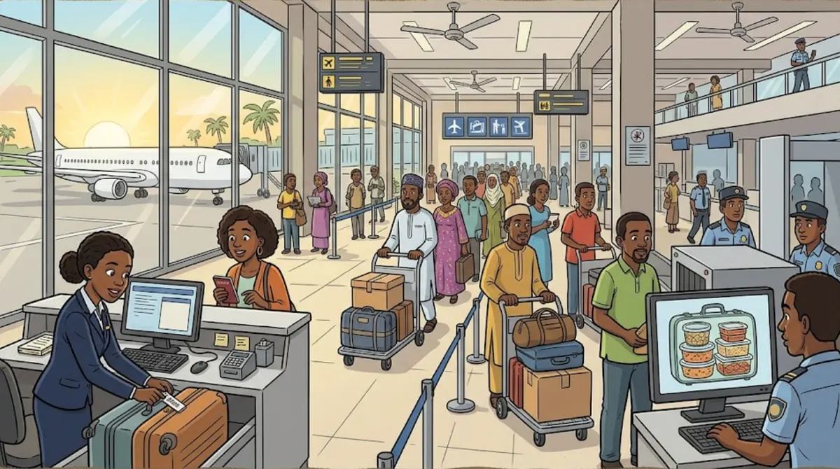 Cartoon of a young Nigerian check-in agent tagging suitcases at a busy Lagos airport counter, with a security X-ray machine and a ground marshal waving in a plane through the window