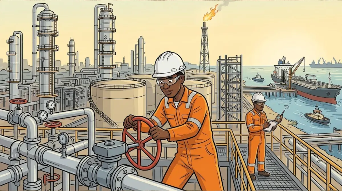 Cartoon of a young Nigerian refinery operator in a hard hat and orange overalls checking a valve at a Lagos waterside refinery, with towers, tanks and a gas flare behind