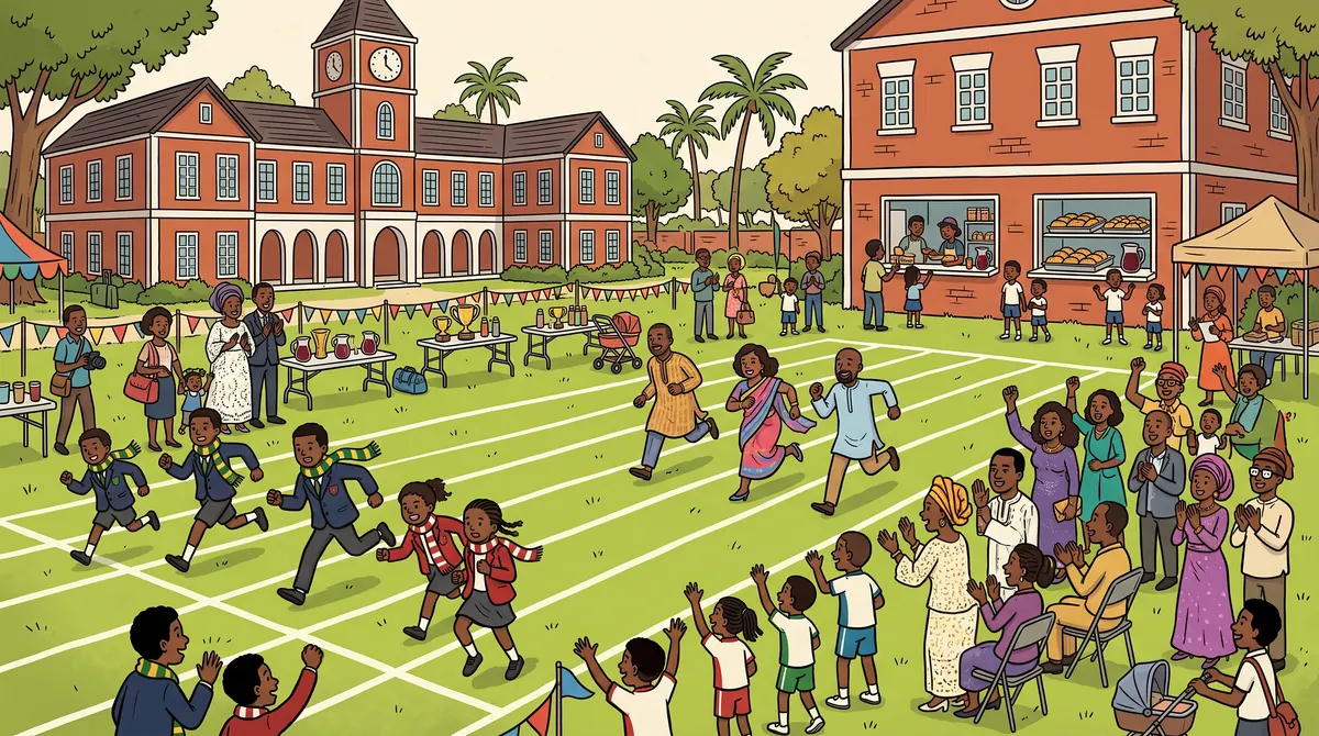 Cartoon of a green school campus in Ajah on Sports Day: children in house colours racing on a running track, parents cheering from the side, a father running the parents' race in smart shoes and a school building with a clock tower behind