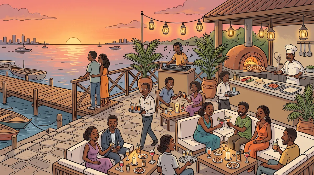 Cartoon of a Lagos waterside lounge at sunset: young Nigerians dancing to a house DJ on a wooden deck, friends sharing pizza at a table, a small boat tied up at the jetty and the lagoon glowing orange