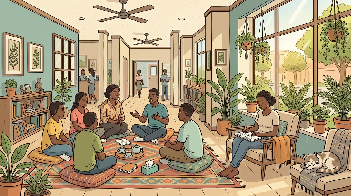 Cartoon of a calm wellness room in Yaba: a circle of young Nigerians on chairs in a group session with a smiling counsellor, potted plants, cups of tea, and one person writing in a journal by the window