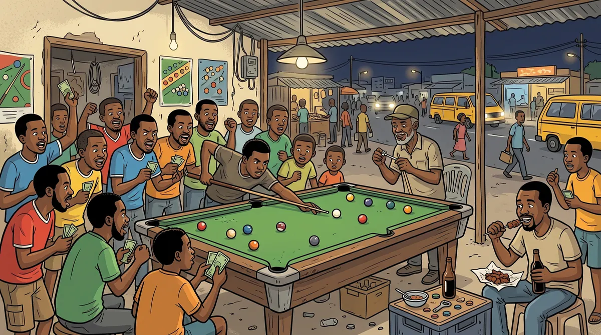 Cartoon of a small snooker spot under a zinc roof at night: two young men playing pool under a hanging bulb, older men on a bench watching and giving advice, a suya grill smoking by the entrance and an Ayo board on a side table