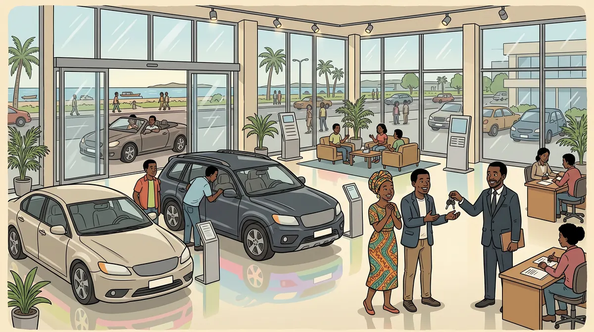 Cartoon of a bright Lagos car showroom: a young Nigerian man grinning behind the wheel of a shiny SUV on a test drive, a saleswoman with a clipboard waving, a red supercar on a turntable behind