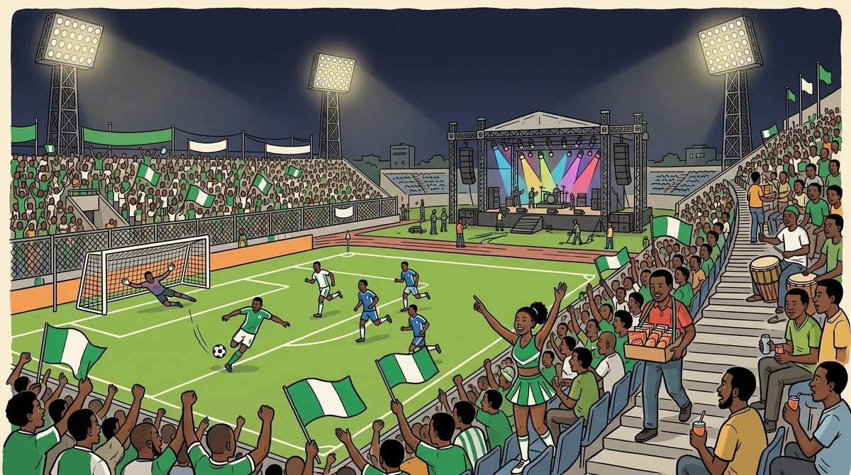 Cartoon of a packed Surulere football stadium under floodlights: fans in green and white singing in the stands, a young fan with a megaphone leading the chant, players on the pitch and a suya stall at the gate